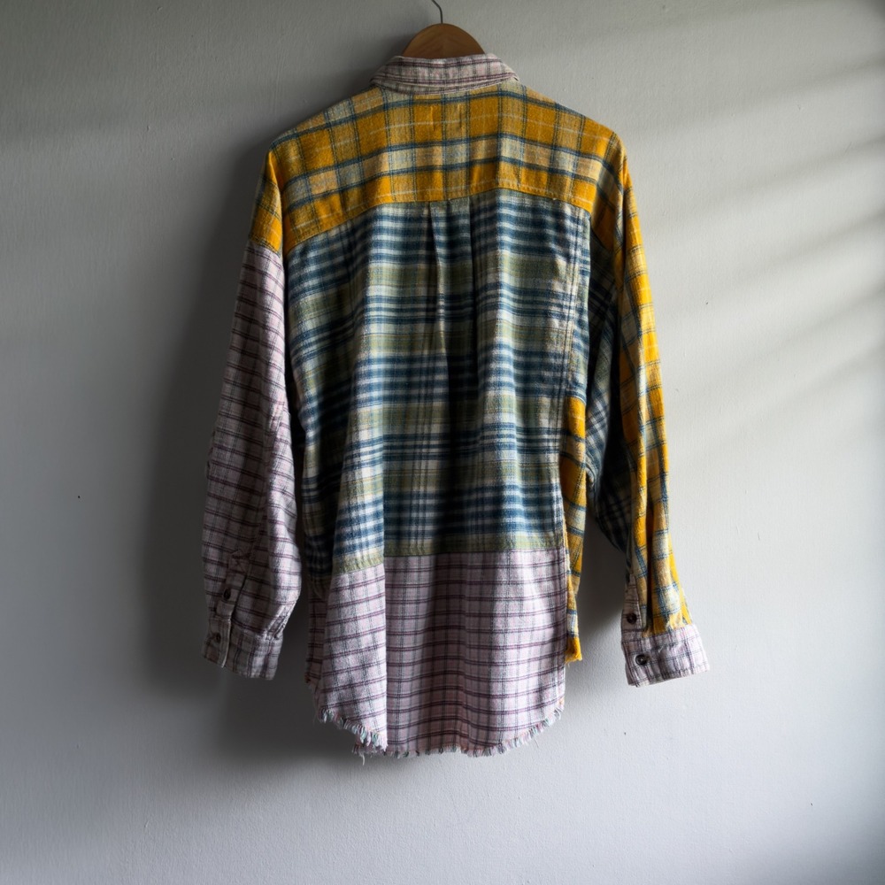 BDG Mixed Plaid Patchwork Oversized Flannel Shirt Womens Medium Yellow Pink Boho - Picture 4 of 12